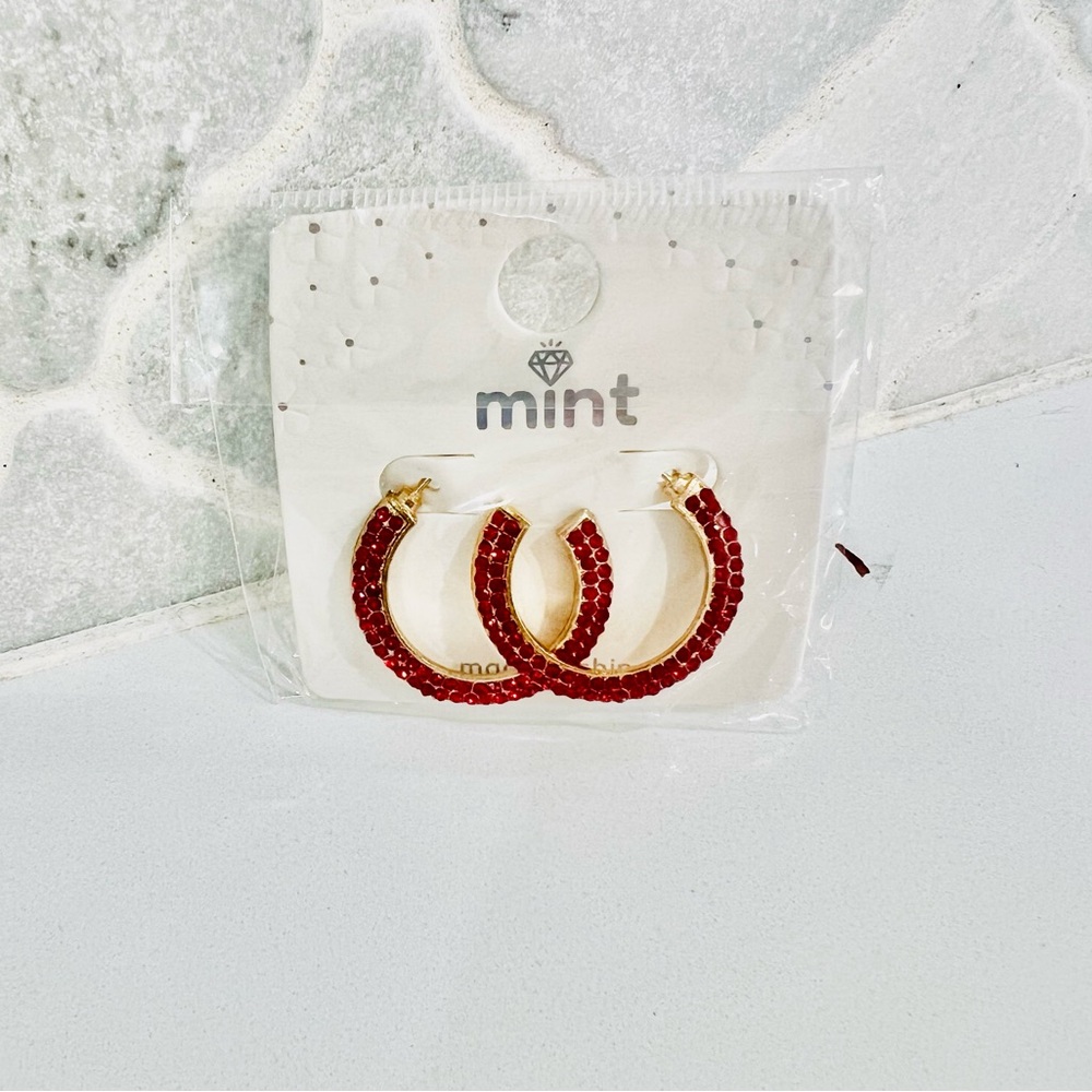Mint Gold Hoop Earrings with Red Crystals